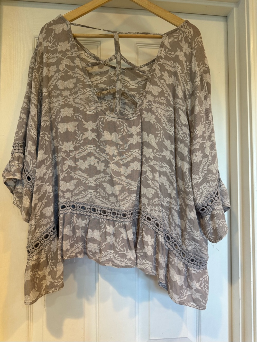 Maurices Taupe Floral Lace-Trim Flowing Scoop Neck Tunic - Picture 2 of 5